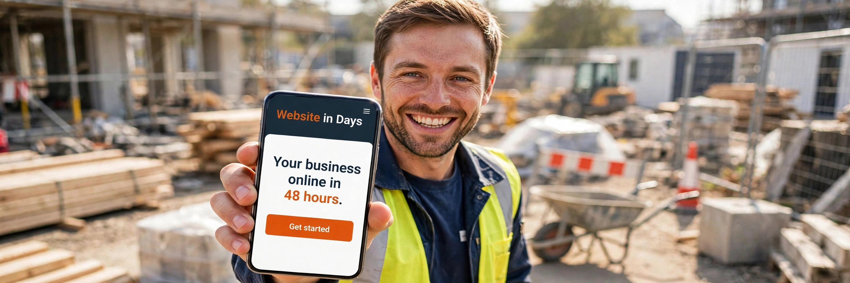 Smiling tradesman holding a phone showing a Website in Days homepage