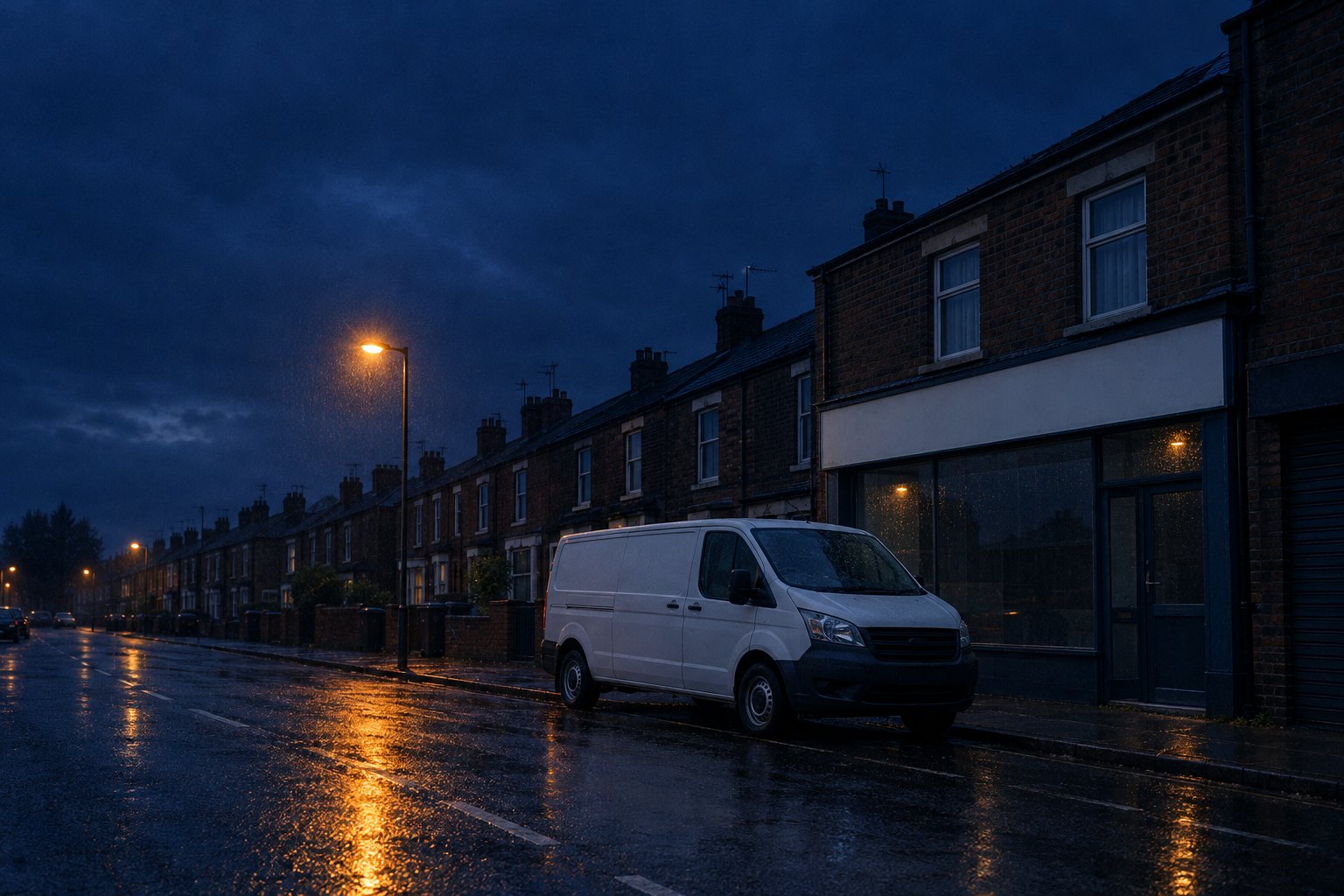A plain work van parked on a wet terraced street at dusk