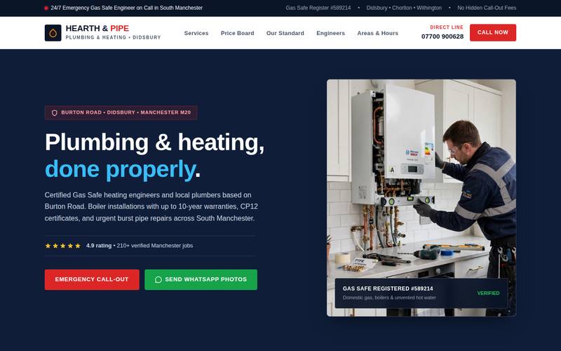 Hearth & Pipe plumber homepage design